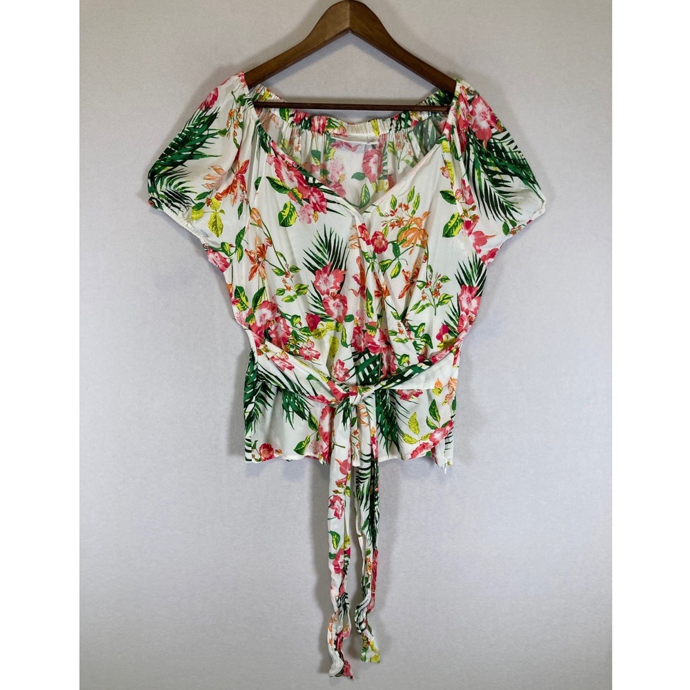 Tropical Floral New York & Company Womens XL White Pink Wrap Tie Waist Top
